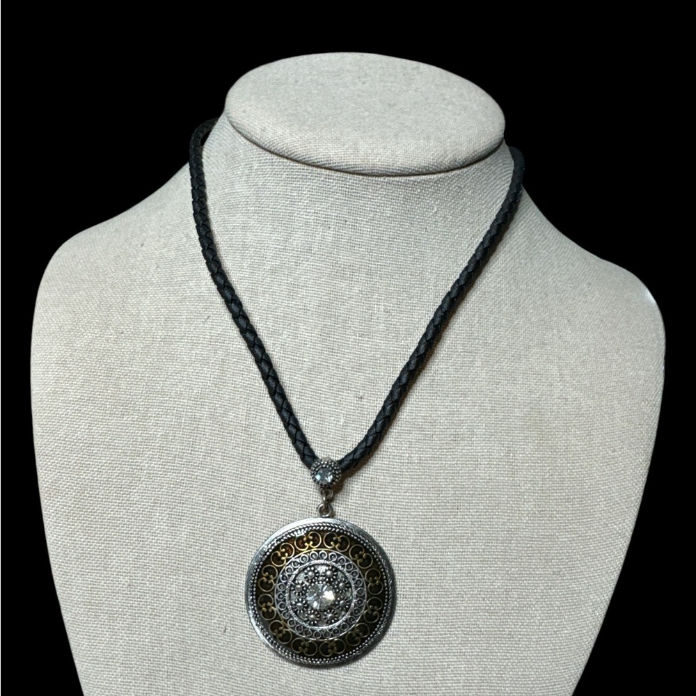 Silvertone Lia Sophia Round Silver Pendant withh Gold Enamel Necklace. (F-N)